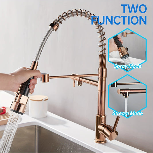 Spring Kitchen Faucet – Pull-out Spray Gun, 360° Rotation, Hot & Cold Water for Dishwashing and Vegetable Cleaning!