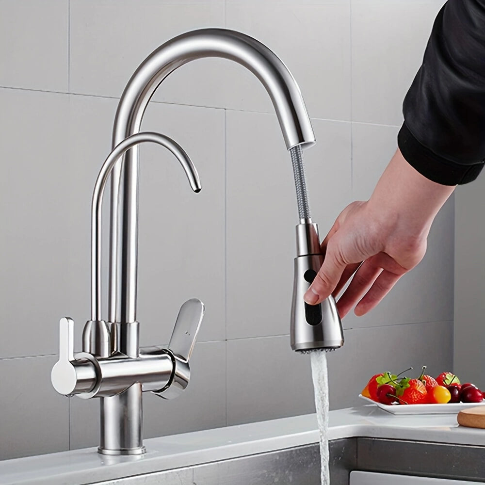 3-in-1 Kitchen Faucet – Modern Design, Pull-Down Sprayer, and Integrated Water Filter for Your Home!