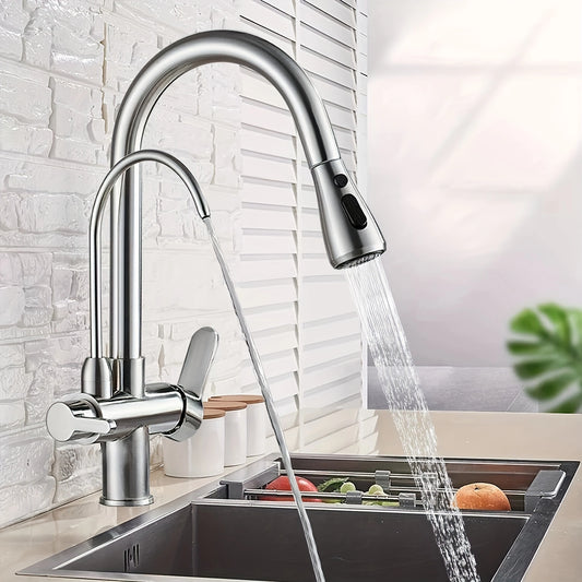 3-in-1 Kitchen Faucet – Modern Design, Pull-Down Sprayer, and Integrated Water Filter for Your Home!