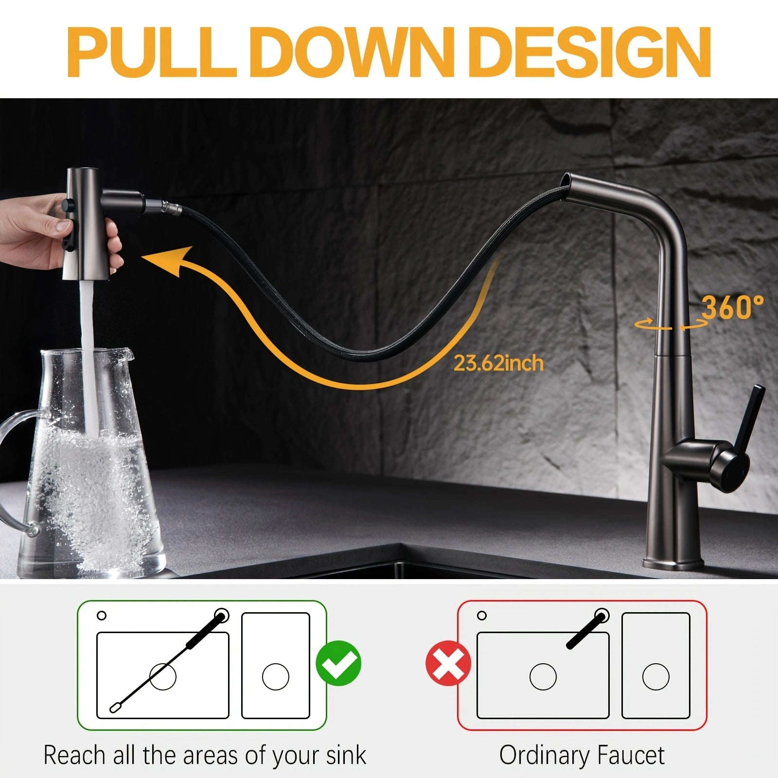 Soqo GreyFlex – 3-Mode Kitchen Faucet with Pull-Down Sprayer and Gun Grey Finish!