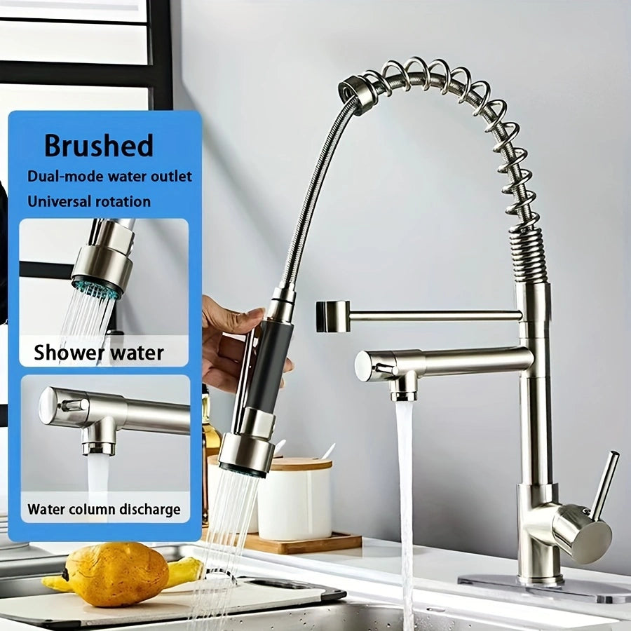 Brushed Stainless Steel Kitchen Faucet – Pull-Down Sprayer, Hot &amp; Cold Water, and Multi-Function Design for Any Space!