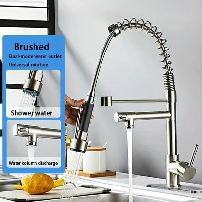 Brushed Stainless Steel Kitchen Faucet – Pull-Down Sprayer, Hot &amp; Cold Water, and Multi-Function Design for Any Space!
