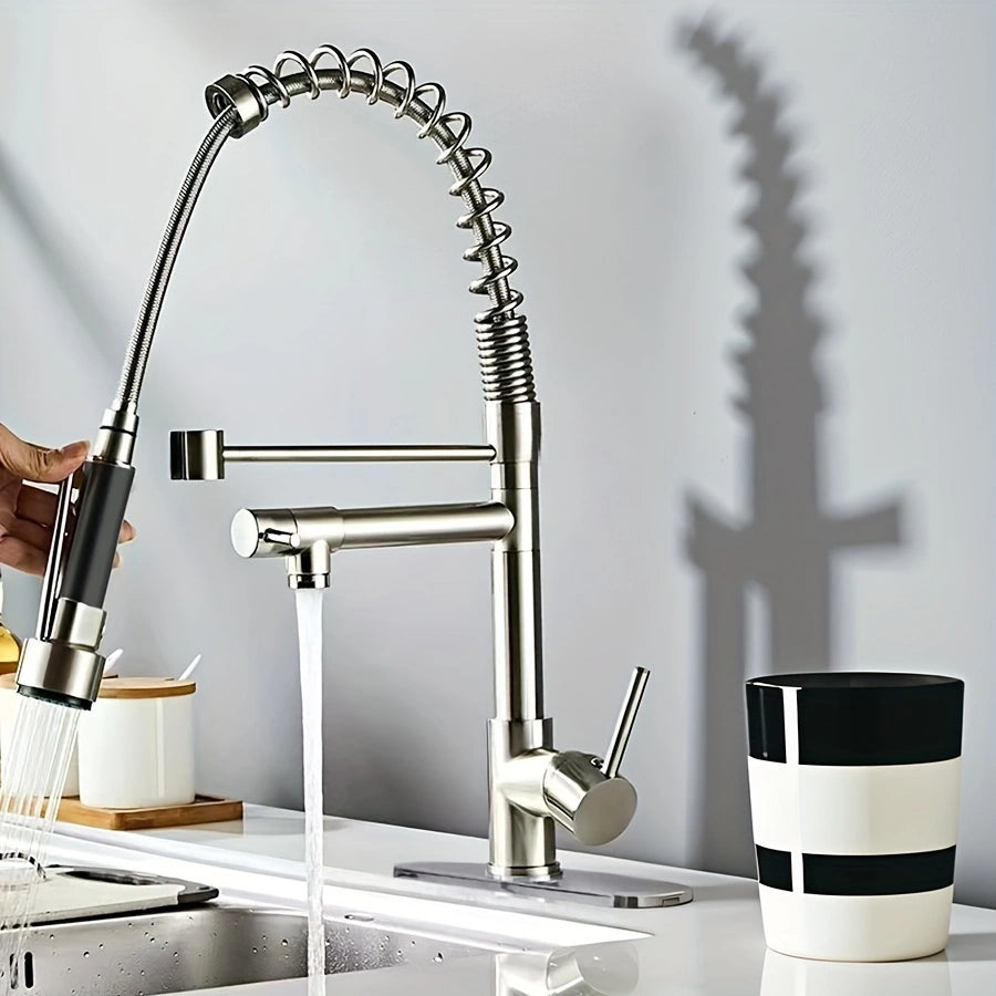 Brushed Stainless Steel Kitchen Faucet – Pull-Down Sprayer, Hot &amp; Cold Water, and Multi-Function Design for Any Space!