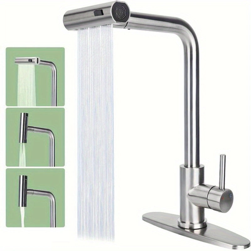 Stainless Steel 3-in-1 Waterfall Kitchen Faucet – Modern Design, Hot & Cold Water, and Pull-Down Sprayer for Perfect Washing!