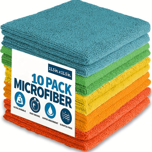 10Pack Microfiber Cleaning Cloths – Absorbent, Stain-Resistant, and Multi-Purpose for Kitchen and Bathroom!