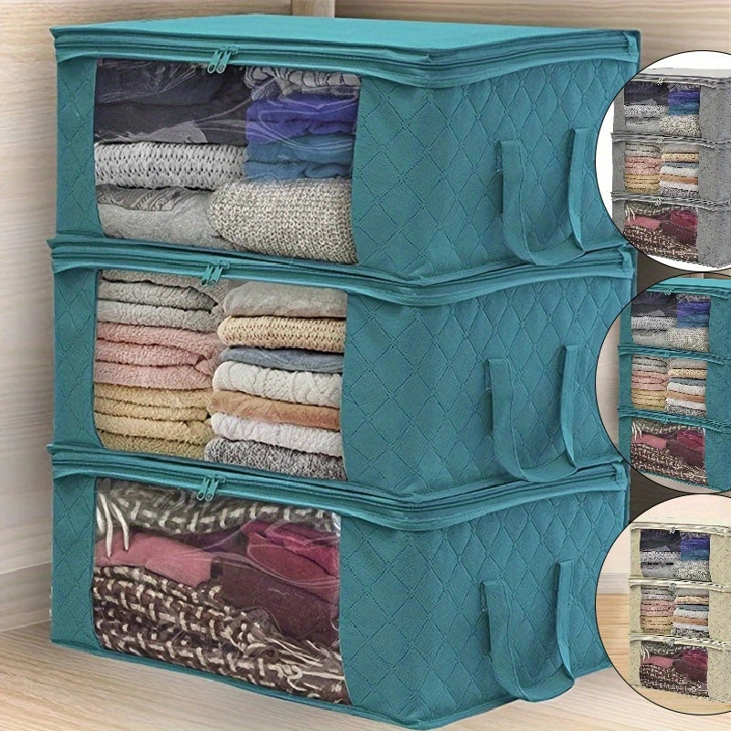 3pcs Turquoise Foldable Storage Tote Bags with Clear Windows – Space-Saving Organizer for Clothes, Quilts, and More!