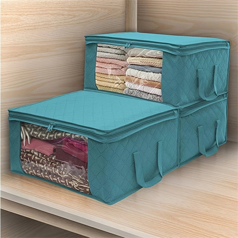 3pcs Turquoise Foldable Storage Tote Bags with Clear Windows – Space-Saving Organizer for Clothes, Quilts, and More!