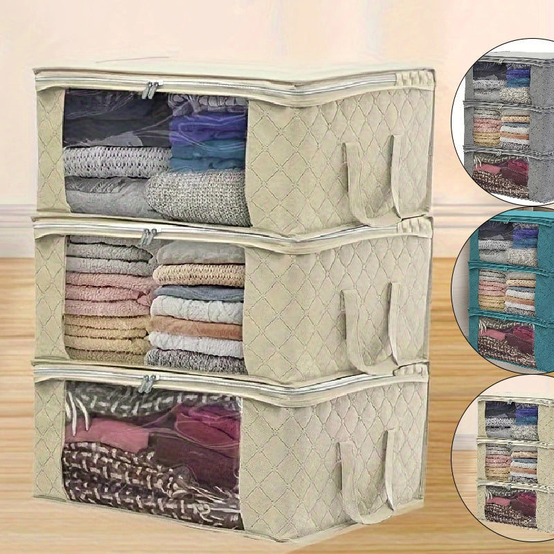 3pcs Turquoise Foldable Storage Tote Bags with Clear Windows – Space-Saving Organizer for Clothes, Quilts, and More!