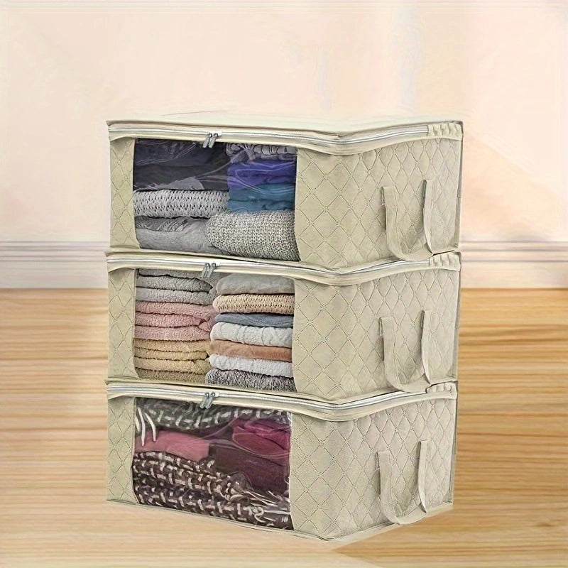 3pcs Turquoise Foldable Storage Tote Bags with Clear Windows – Space-Saving Organizer for Clothes, Quilts, and More!