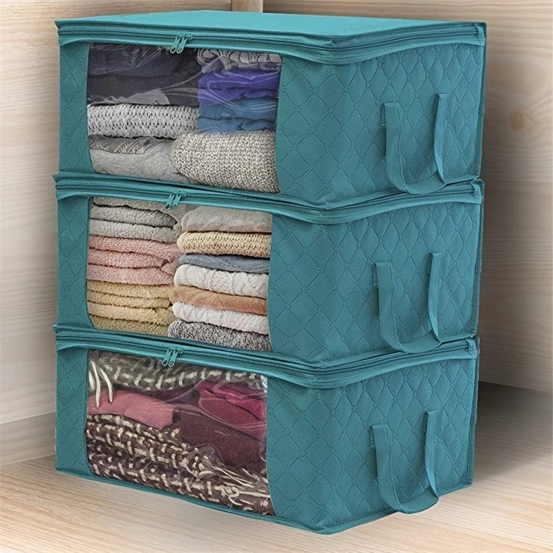 3pcs Turquoise Foldable Storage Tote Bags with Clear Windows – Space-Saving Organizer for Clothes, Quilts, and More!