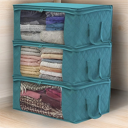 3pcs Turquoise Foldable Storage Tote Bags with Clear Windows – Space-Saving Organizer for Clothes, Quilts, and More!