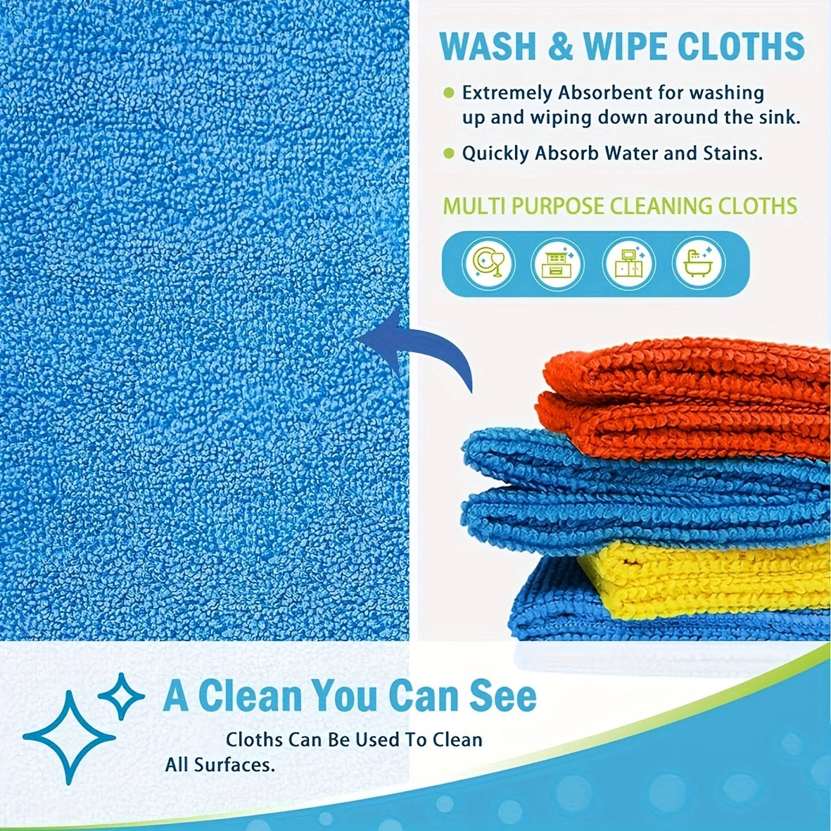 10Pack Microfiber Cleaning Cloths – Absorbent, Stain-Resistant, and Multi-Purpose for Kitchen and Bathroom!