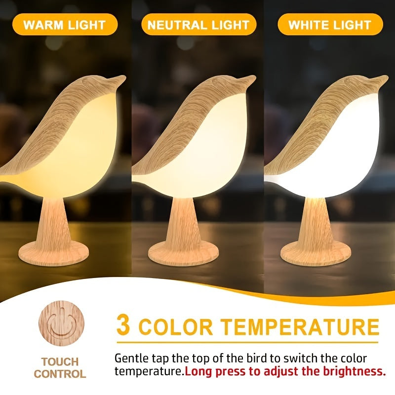 Touch-Controlled Bird Night Light – 3-Color Rechargeable LED Lamp
