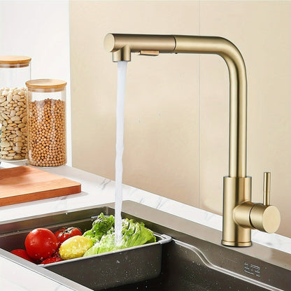 Transform your kitchen with GoldenFlow! Gold pull-down spray faucet with modern design. Buy now with 10% OFF and free shipping!