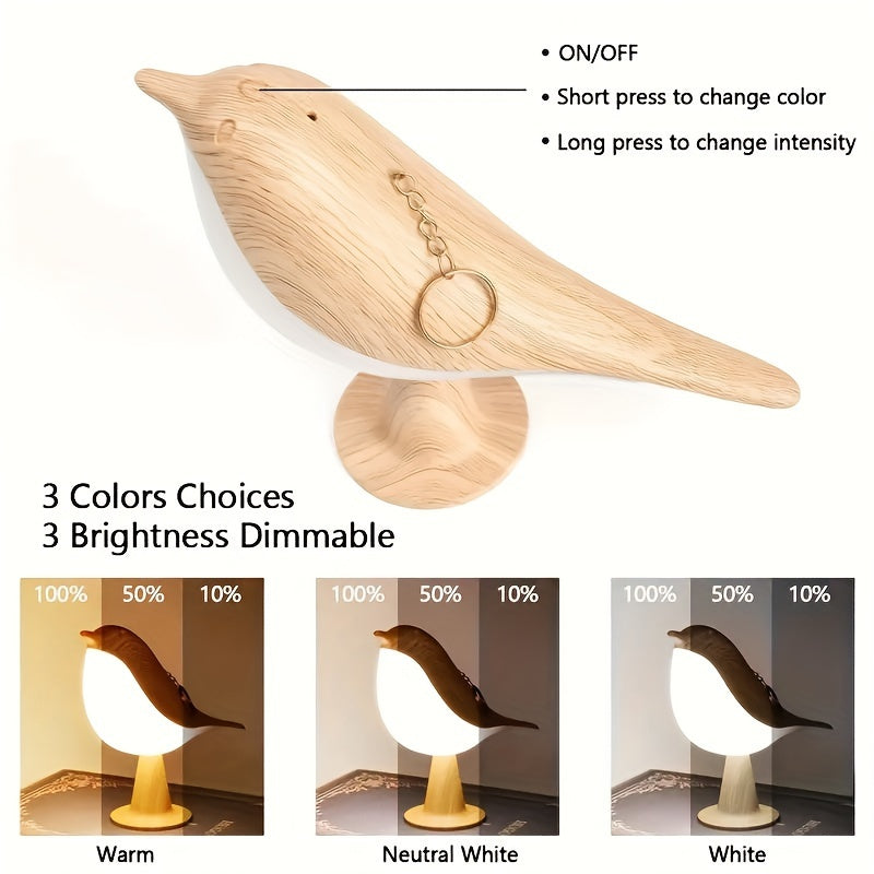 Touch-Controlled Bird Night Light – 3-Color Rechargeable LED Lamp