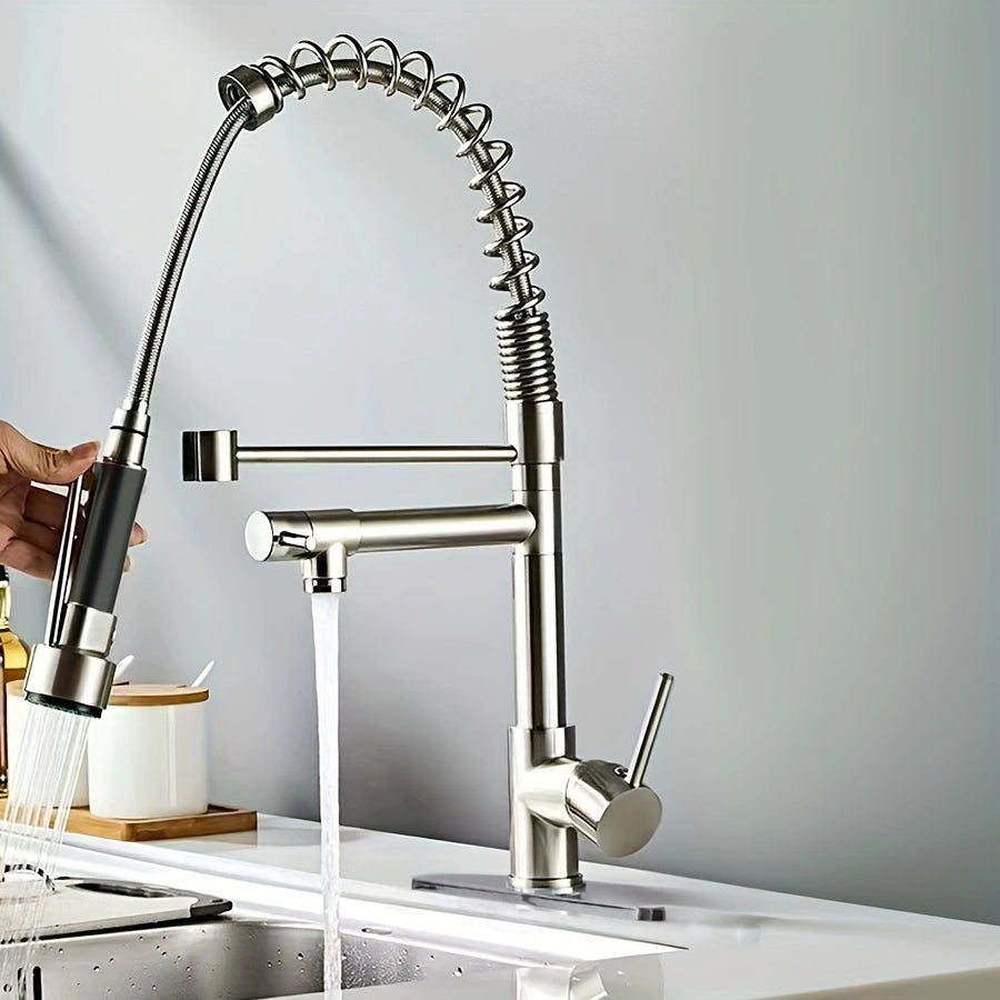 Brushed Stainless Steel Kitchen Faucet – Pull-Down Sprayer, Hot &amp; Cold Water, and Multi-Function Design for Any Space!