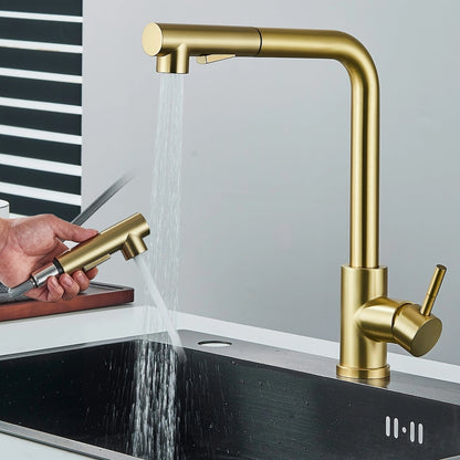 Transform your kitchen with GoldenFlow! Gold pull-down spray faucet with modern design. Buy now with 10% OFF and free shipping!