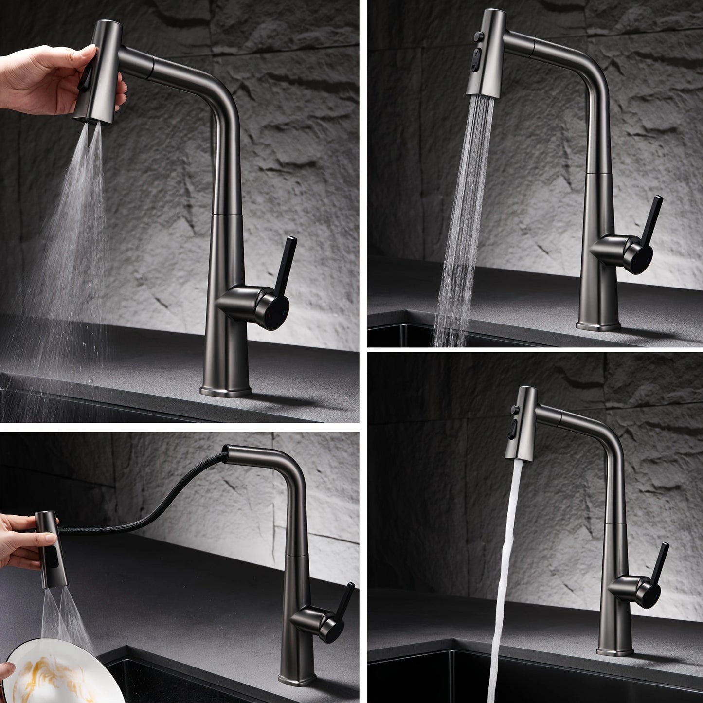 Soqo GreyFlex – 3-Mode Kitchen Faucet with Pull-Down Sprayer and Gun Grey Finish!