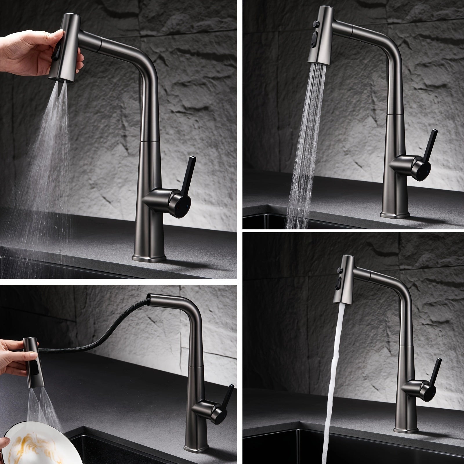 Soqo GreyFlex – 3-Mode Kitchen Faucet with Pull-Down Sprayer and Gun Grey Finish!