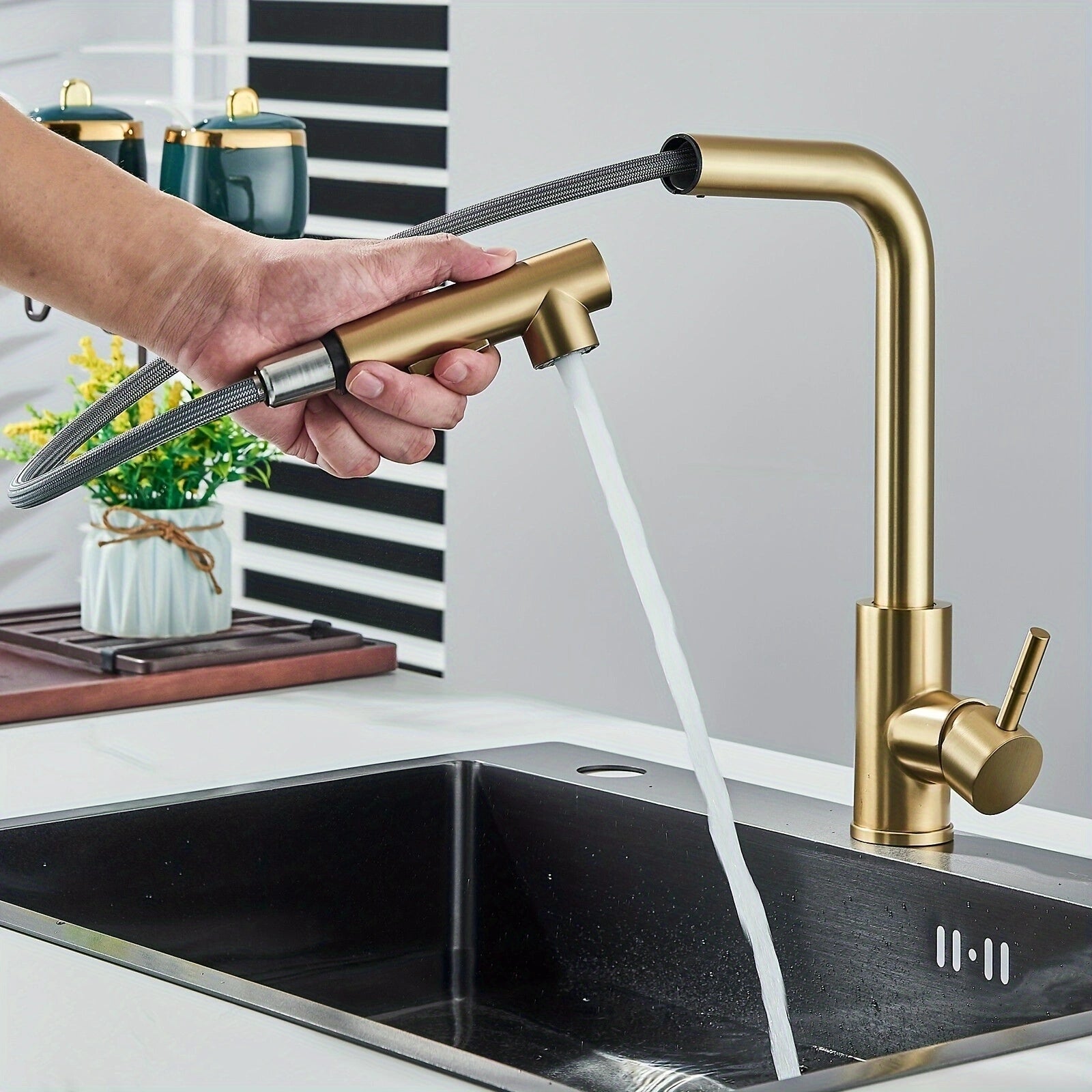 Transform your kitchen with GoldenFlow! Gold pull-down spray faucet with modern design. Buy now with 10% OFF and free shipping!