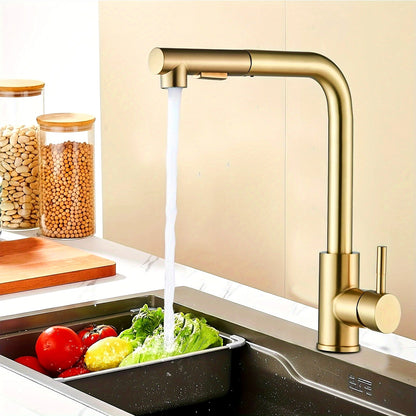 Transform your kitchen with GoldenFlow! Gold pull-down spray faucet with modern design. Buy now with 10% OFF and free shipping!