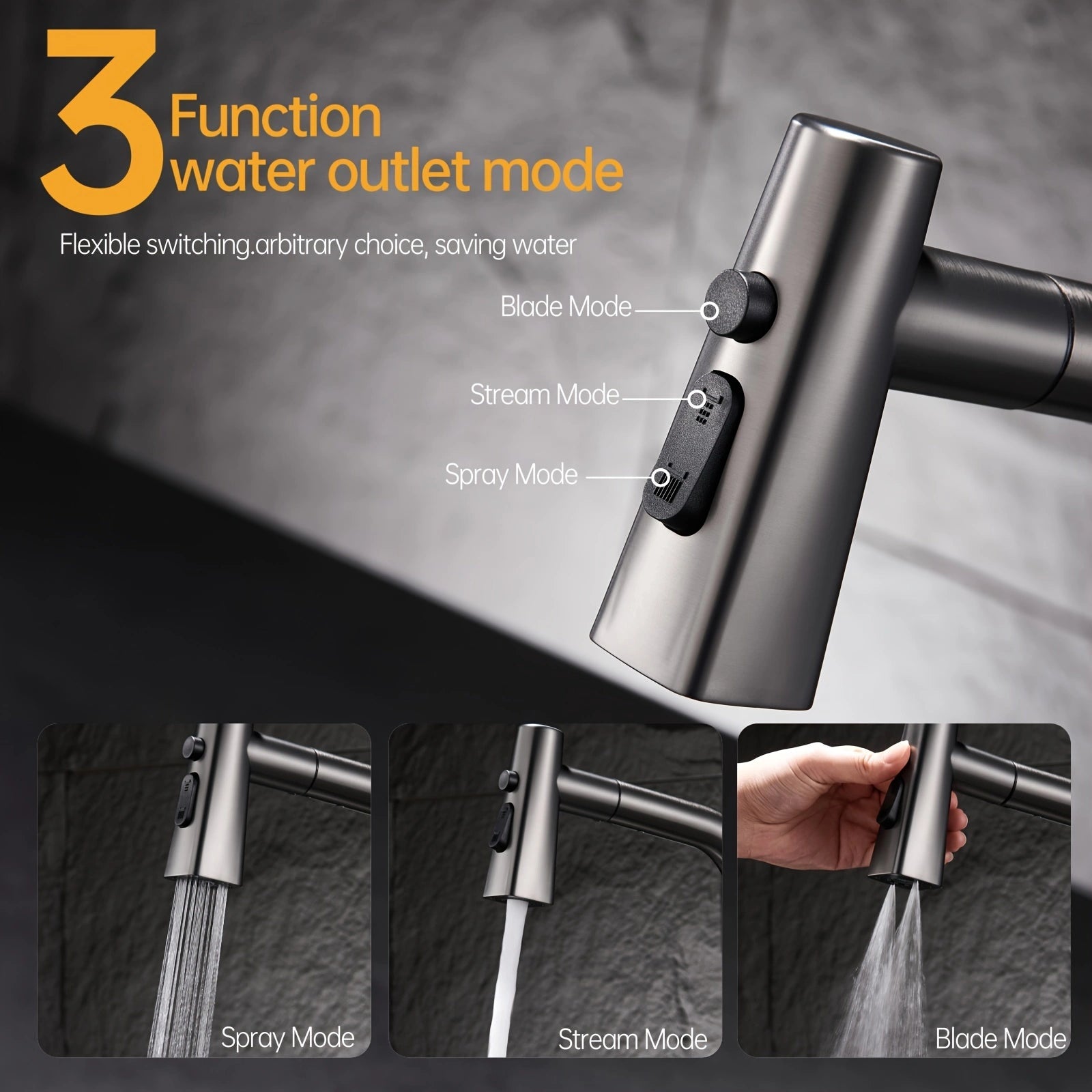 Soqo GreyFlex – 3-Mode Kitchen Faucet with Pull-Down Sprayer and Gun Grey Finish!