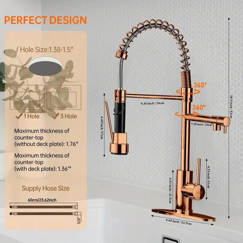 Transform your kitchen with the GoldenElegance! Copper faucet with pull-down spray and rose gold finish. Buy now with 10% OFF and free shipping!